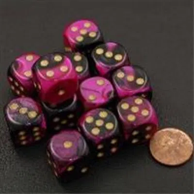 Chessex Manufacturing 26640 D6 Cube Gemini Set Of 12 Dice- 16 Mm - Black & Purple With Gold Numbering