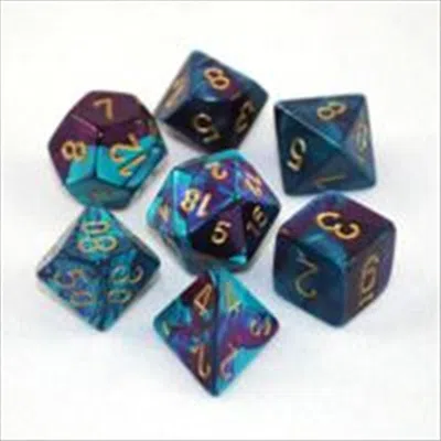 Chessex Manufacturing 26449 Cube Gemini Set Of 7 Dice - Purple & Teal With Gold Numbering