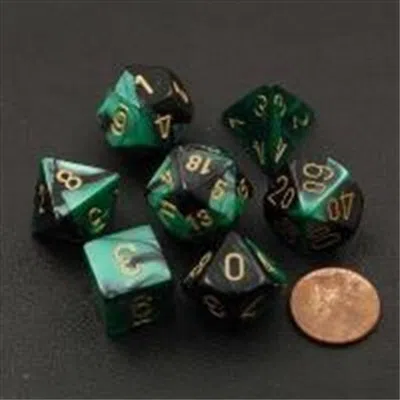 Chessex Manufacturing 26439 Cube Gemini Set Of 7 Dice - Black & Green With Gold Numbering