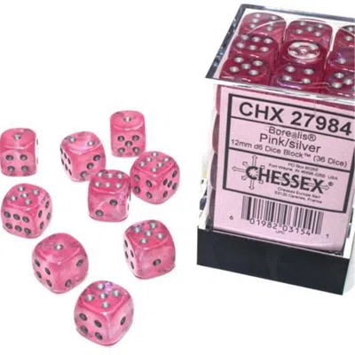 Chessex Manufacturing 12 Mm D6 Cube Borealis Luminary Dice, Pink With Silver Pips - Pack Of 36