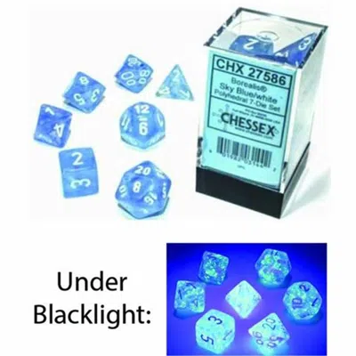 Chessex Manufacturing Cube Borealis Luminary Dice, Sky Blue With White Numbers - Set Of 7
