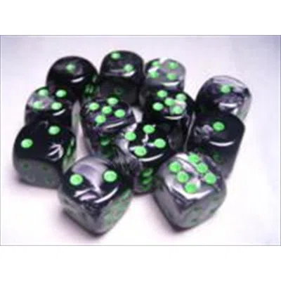 Chessex Manufacturing 26645 D6 Cube Gemini Set Of 12 Dice, 16 Mm - Black & Green With Gold Numbering