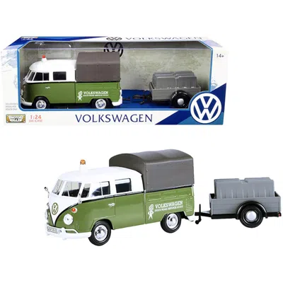 Motormax Volkswagen T1 Pickup With Canopy Green & White With Trailer Road Service 1-24 Scale Diecast Model Ca
