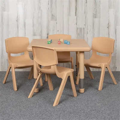 Flash Furniture 24 In. Square Plastic Height Adjustable Activity Table Set With 4 Chairs, Natural Color