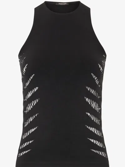 Roberto Cavalli Tank Top With Perforated Zebra Pattern In Black