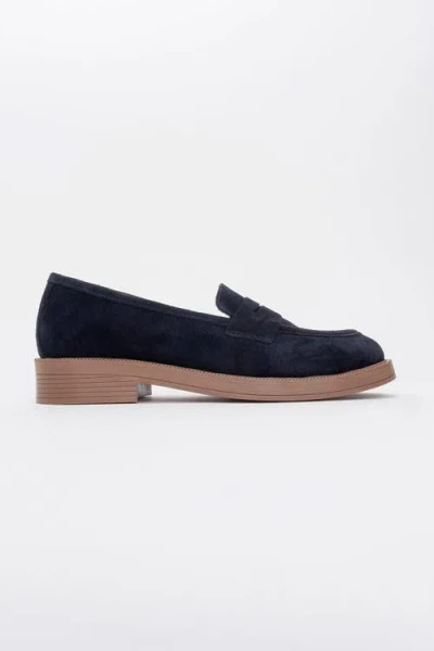 Forever & Always Shoes Bree Platform Penny Leather Loafer In Navy Suede Leather