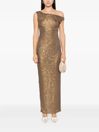 Norma Kamali Metallic One-shoulder Long Dress With Sequin Decorations In Brown