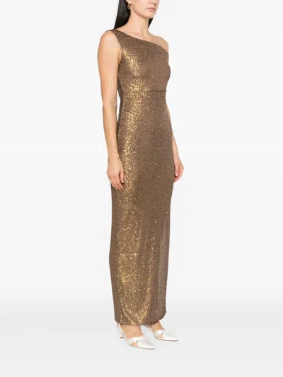 Norma Kamali Metallic One-shoulder Long Dress With Sequin Decorations In Brown