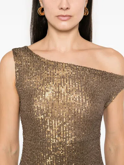 Norma Kamali Metallic One-shoulder Long Dress With Sequin Decorations In Brown