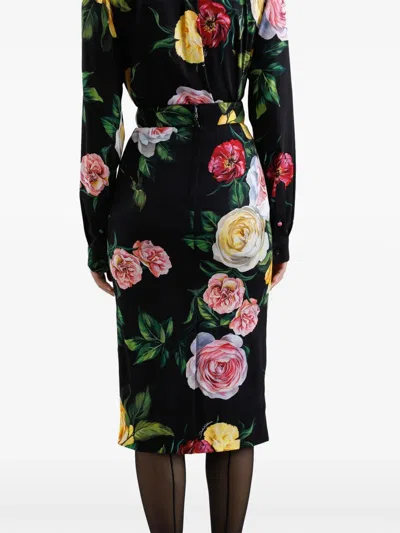 Dolce & Gabbana Peony And Rose Print Charmeuse Longuette Skirt In Multi