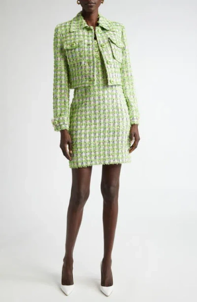 St John Eyelash Plaid Tweed Knit Dress In Cactus/ivory Multi