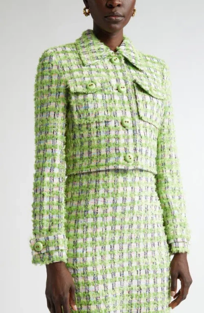 St John Eyelash Plaid Tweed Knit Dress In Cactus/ivory Multi