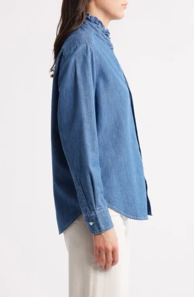 Frank & Eileen Ruffle Collar Relaxed Button Up Shirt In Vintage Stonewashed Indigo