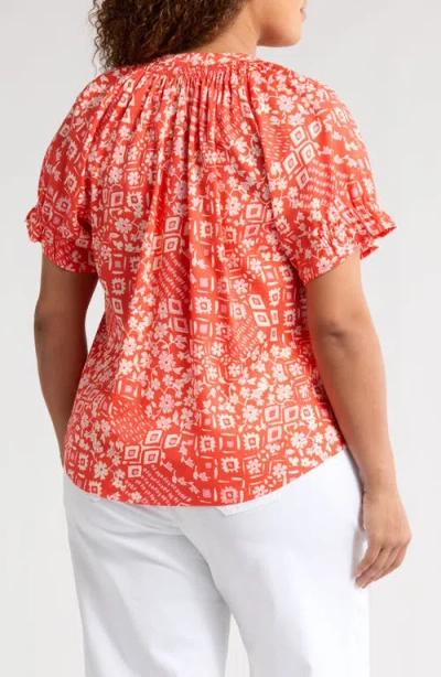 Wit & Wisdom Print Puff Sleeve Top In Papaya Punch Multi