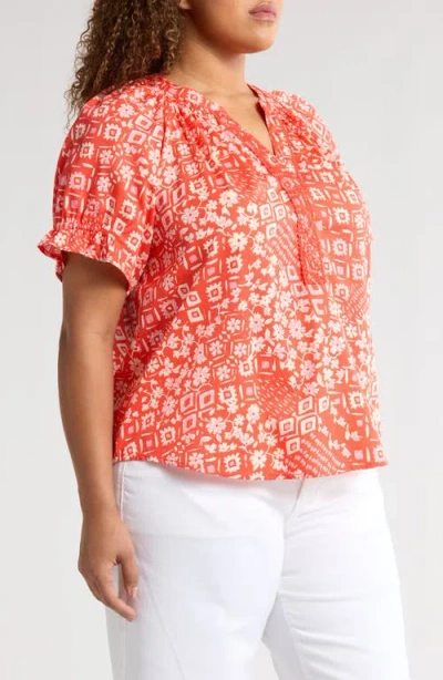 Wit & Wisdom Print Puff Sleeve Top In Papaya Punch Multi