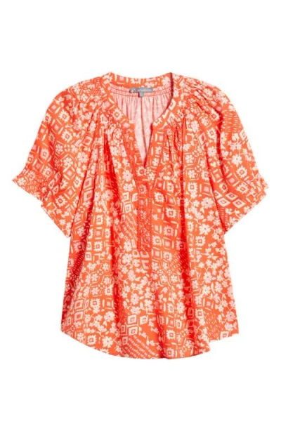 Wit & Wisdom Print Puff Sleeve Top In Papaya Punch Multi