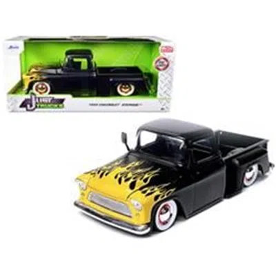 Jada Toys Jada 1955 Chevrolet Stepside Pickup Truck Matt Black With Yellow Flames Just Trucks Series 1-24 Diec
