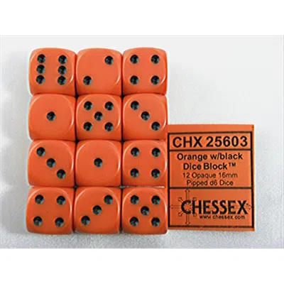 Chessex Manufacturing 25603 Opaque Orange With Black - 16 Mm Six Sided Dice Set Of 12