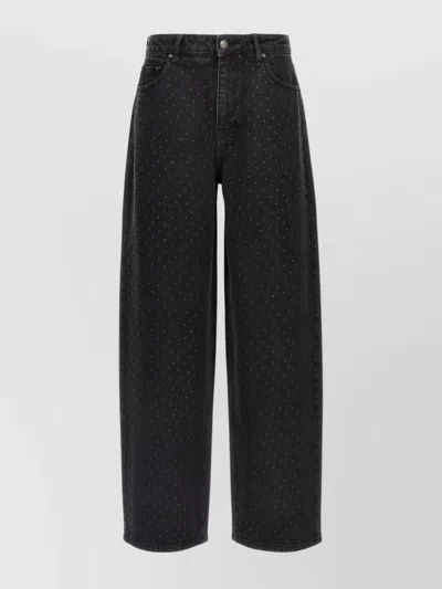Rotate Birger Christensen Eyelet Pattern Studded Denim Trousers In Black