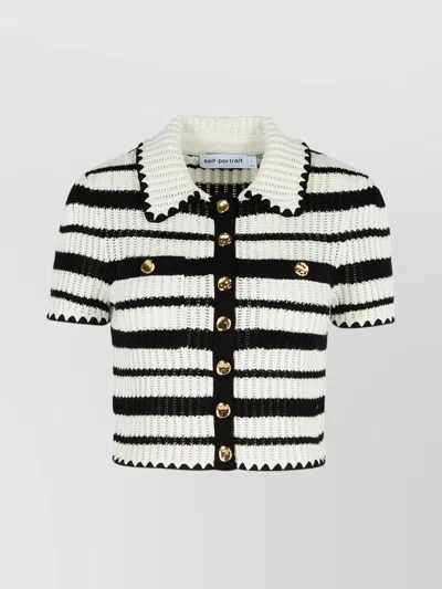 Self-portrait Black And White Striped Crochet Top In Beige