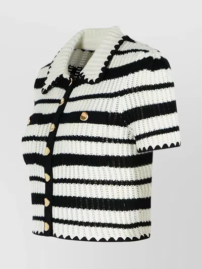 Self-portrait Black And White Striped Crochet Top In Beige