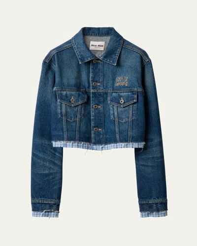 Miu Miu Logo Patch Cropped Denim Jackets In Blue