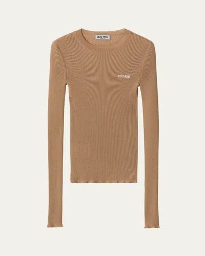 Miu Miu Cashmere Silk Rib Crewneck Sweater In F0040 Cammello