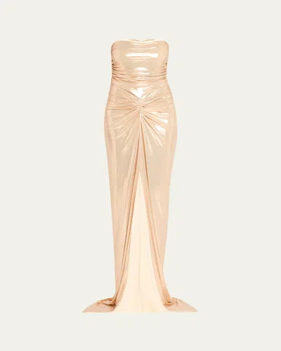 Retroféte Maytal Metallic Strapless Gown In Latte