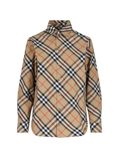 Burberry Women Beige Shirt With Classic Collar And All-over Check Motif In Cotton Woman In Brown