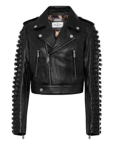 Philipp Plein Leather Jacket Crystal Skull In Black
