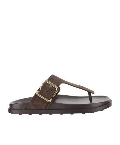 Tod's Brown Suede Thong Slippers