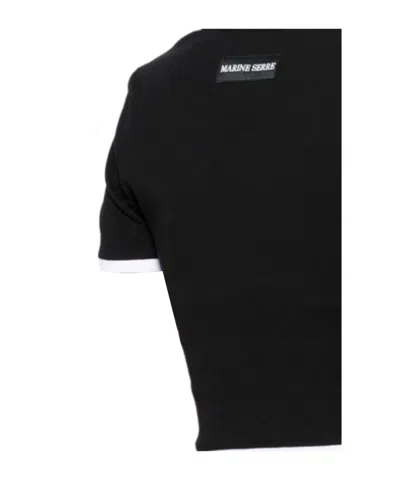 Marine Serre Women Black Cropped Crewneck T-shirt With Logo Embroidery On The Front In Cotton Woman In Black