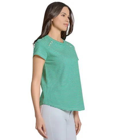 Jones New York Button Shoulder Stripe Stretch Cotton T-shirt In Green