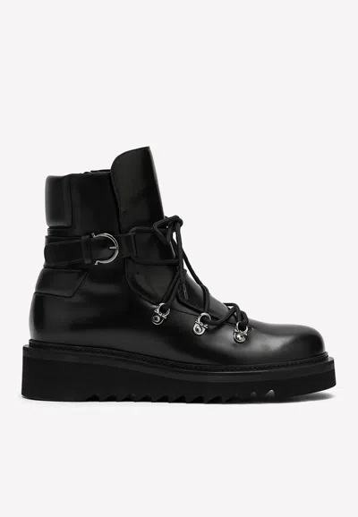 Ferragamo Black Leather Lace Up Boot In Black