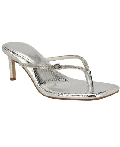 Guess Women's Mayan Rhinestone Thong Kitten Heel Sandals In Silver