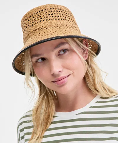 On 34th Faux-leather-trim Straw Bucket Hat, Exclusively At Macy's In Lt,pas Bwn