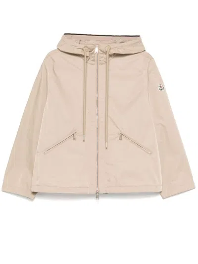 Moncler Hooded Drawstring Jacket Zip Pockets In Beige