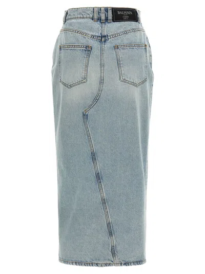 Balmain Midi Denim Skirt With Slit In Blue