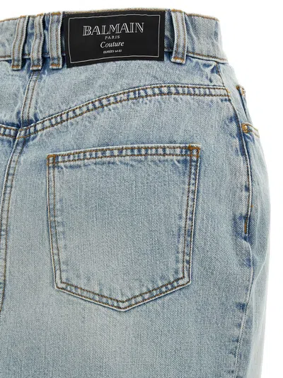 Balmain Midi Denim Skirt With Slit In Blue