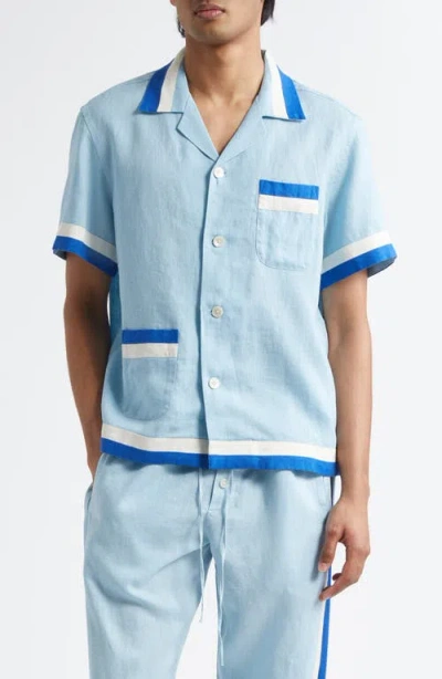 Bode Seedling Stripe Linen Camp Shirt In Blue