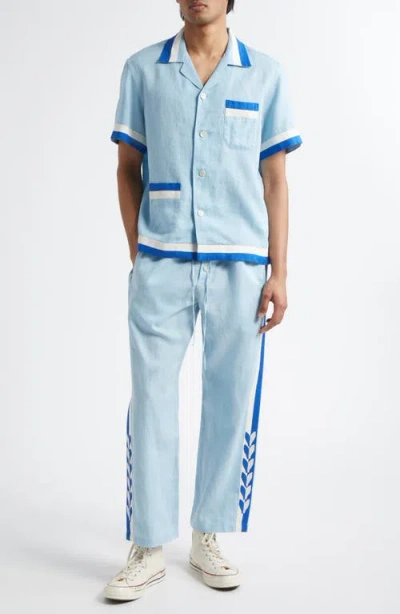 Bode Seedling Stripe Linen Camp Shirt In Blue