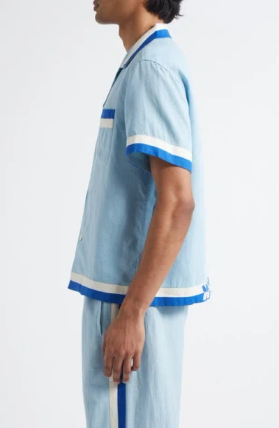 Bode Seedling Stripe Linen Camp Shirt In Blue