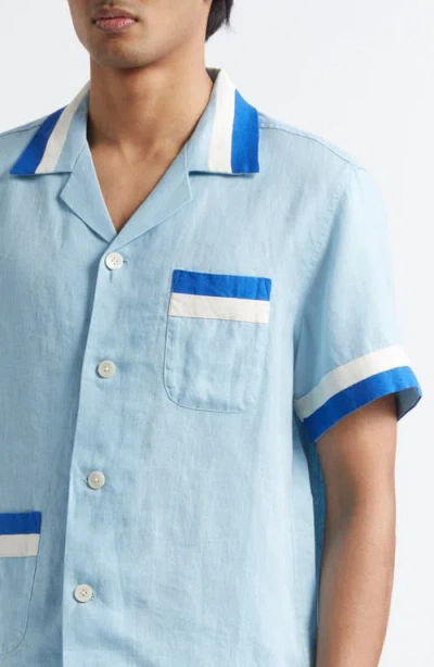 Bode Seedling Stripe Linen Camp Shirt In Blue