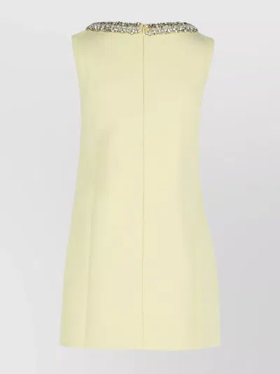 Self-portrait Yellow Crewneck Mini Dress With Jewel Embellishment On The Collar And Bow Detail On The Front In Nude