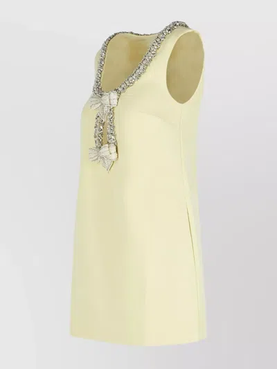 Self-portrait Yellow Crewneck Mini Dress With Jewel Embellishment On The Collar And Bow Detail On The Front In Nude