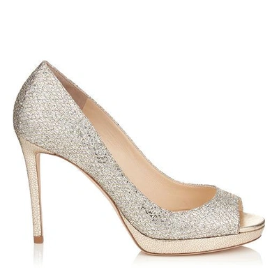 Jimmy Choo Luna 100 Champagne Glitter Fabric Peep Toe Platform Pumps