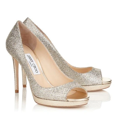 Jimmy Choo Luna 100 Champagne Glitter Fabric Peep Toe Platform Pumps