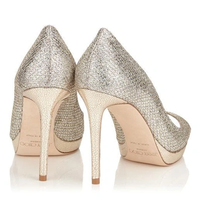 Jimmy Choo Luna 100 Champagne Glitter Fabric Peep Toe Platform Pumps