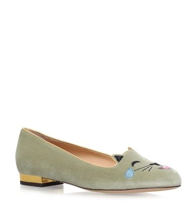 Charlotte Olympia Woman Metallic Leather-trimmed Embroidered Velvet Ballet Flats Light Green In Pistachio