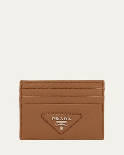 Prada Triangle Logo Leather Card Holder In Brown